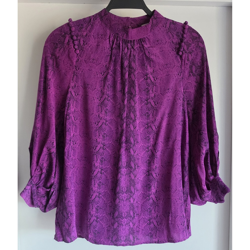 Scanlan Theodore Blouse Size 4 Purple Snake Print Silk High Neck Long Sleeve